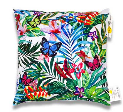 Coussin d'extérieur blanc imprimé jungle papillons 45x45cm